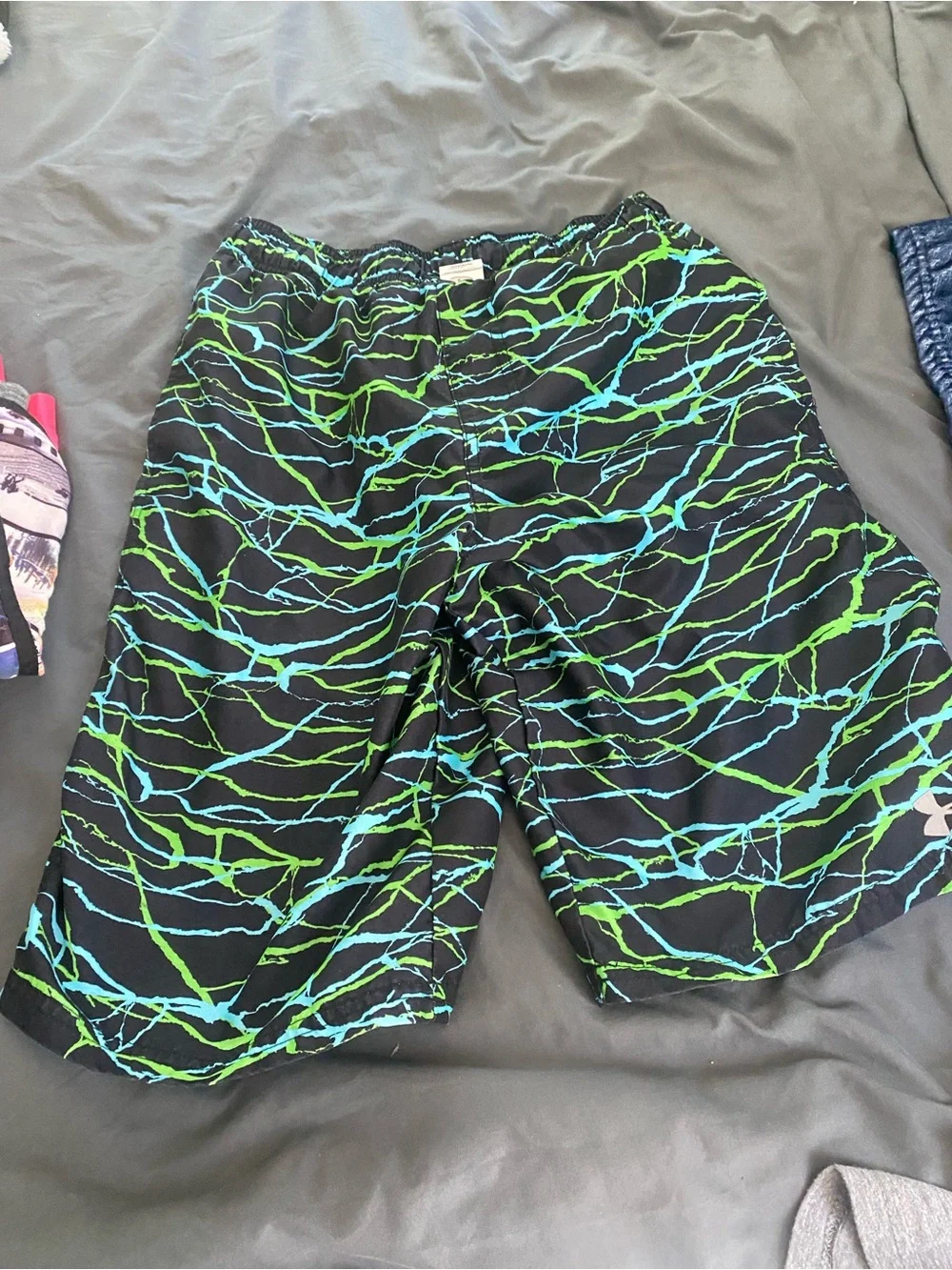 Under Armour Boys Black Swim Trunks with Blue & Green Lightning Print